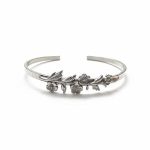 Silver Tone Floral Vine Cuff Bracelet | Vintage-Inspired Botanical Design